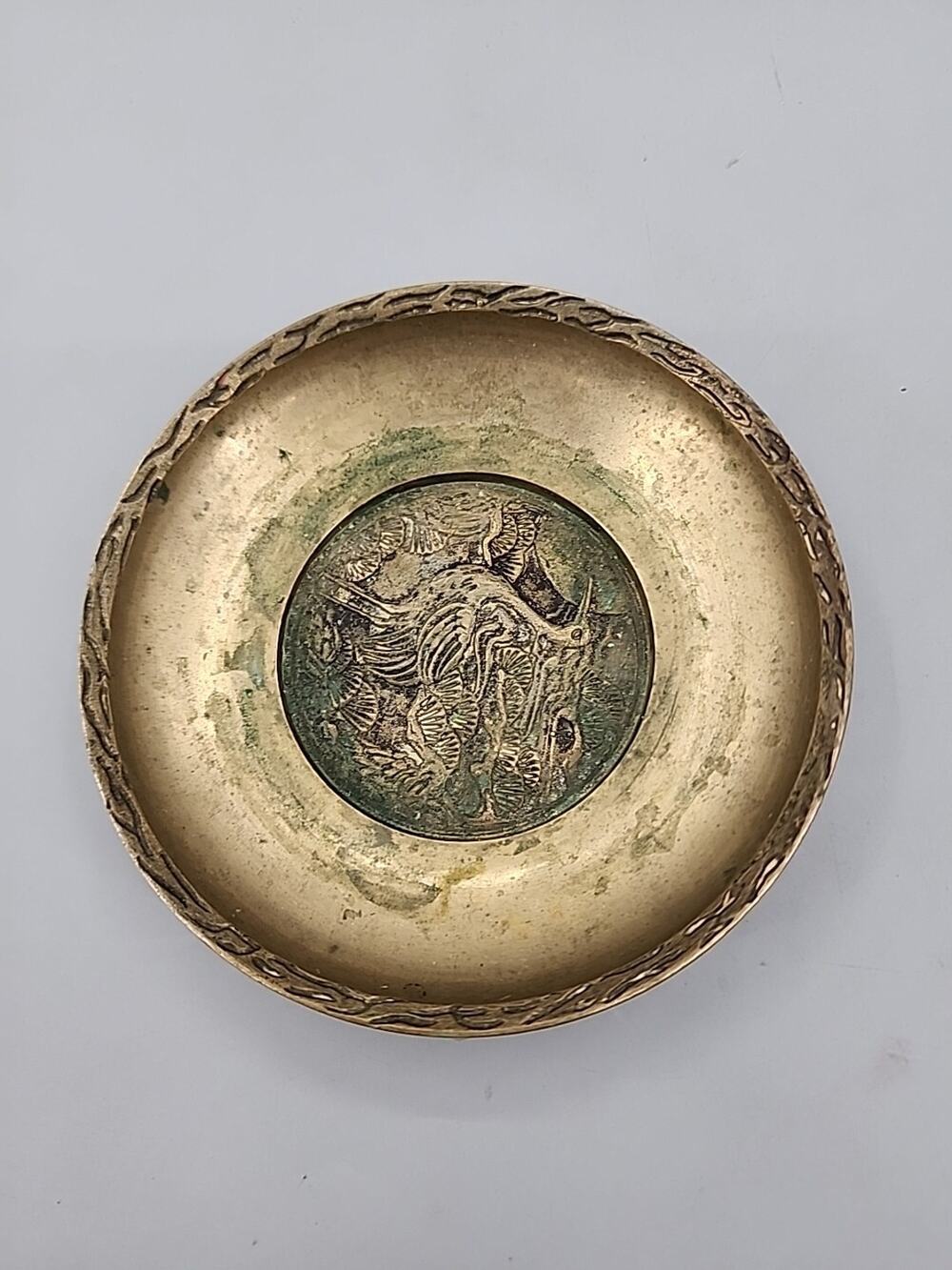 Vintage Solid Brass Ashtray / Trinket Bowl with Crane Bird detail made Korea 3"